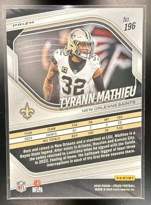 2025 Panini Prizm Tyrann Mathieu #196 Lazer Saints