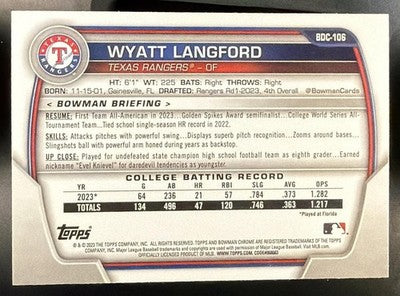 2023 Bowman Draft Wyatt Langford #BDC-106 Chrome 1st Prospect Rangers