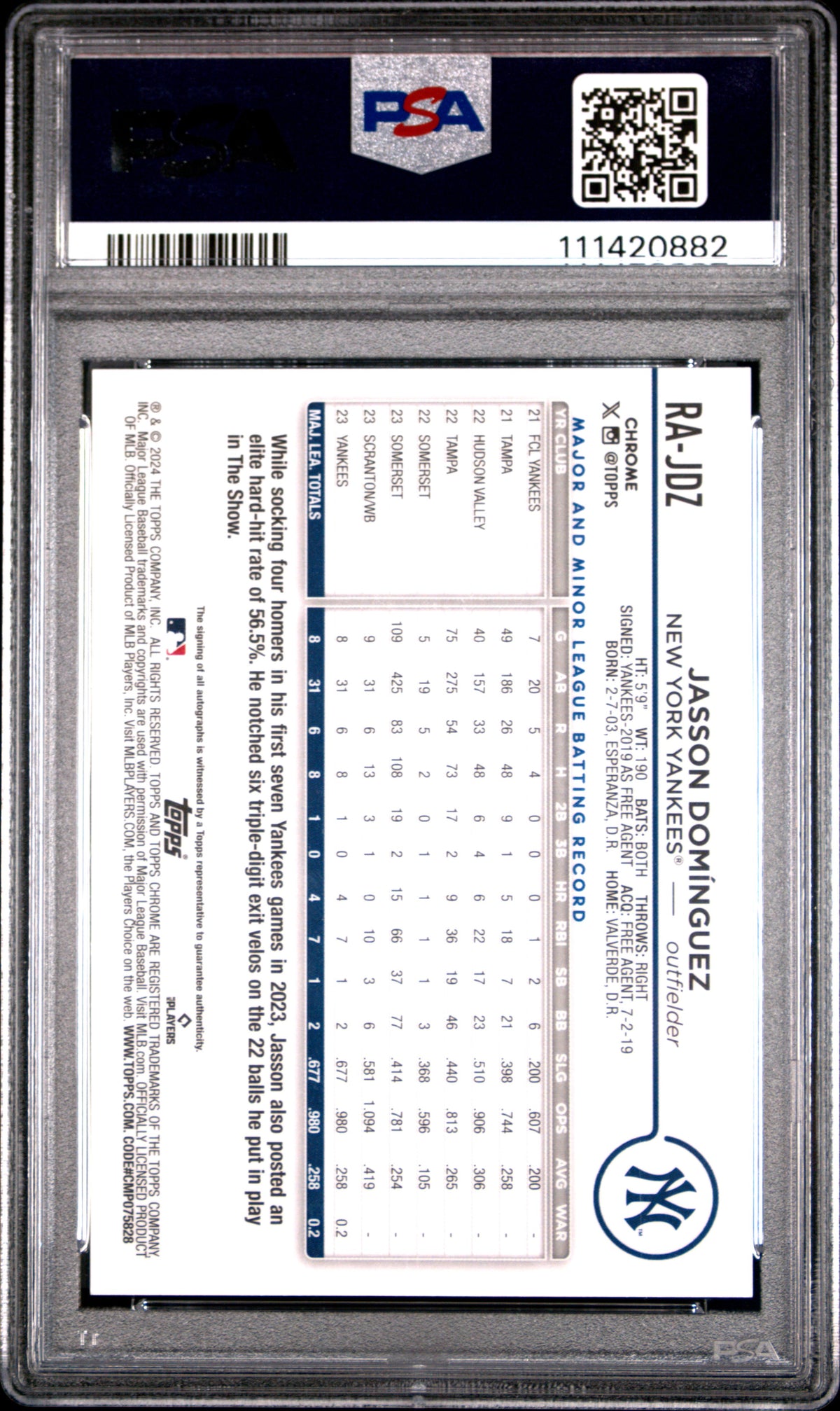2024 Topps Chrome Rookie Autographs #RAJDZ Jasson Dominguez PSA 10