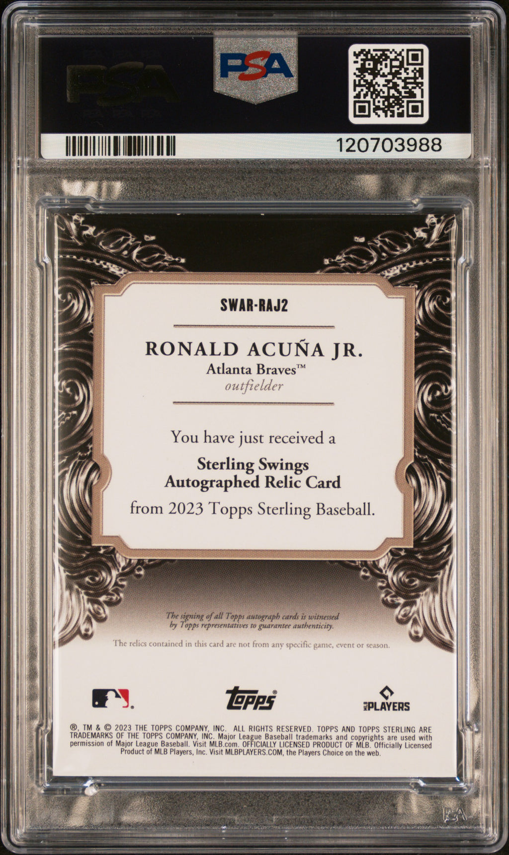 2023 Topps Sterling Swings Auto Relics Red Ronald Acuna Jr. 2/5 PATCH AUTO PSA