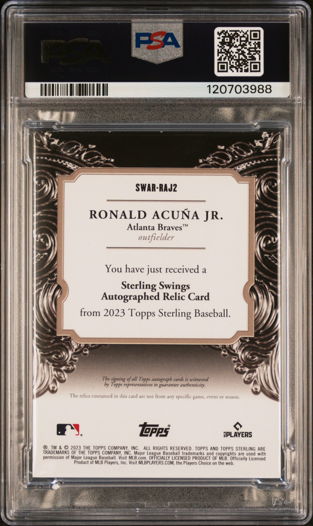 2023 Topps Sterling Swings Auto Relics Red Ronald Acuna Jr. 2/5 PATCH AUTO PSA