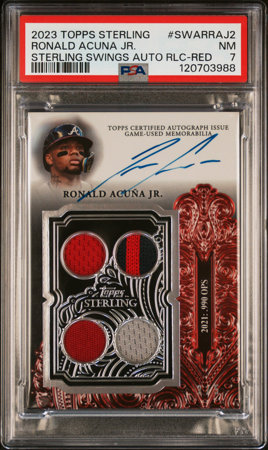 2023 Topps Sterling Swings Auto Relics Red Ronald Acuna Jr. 2/5 PATCH AUTO PSA