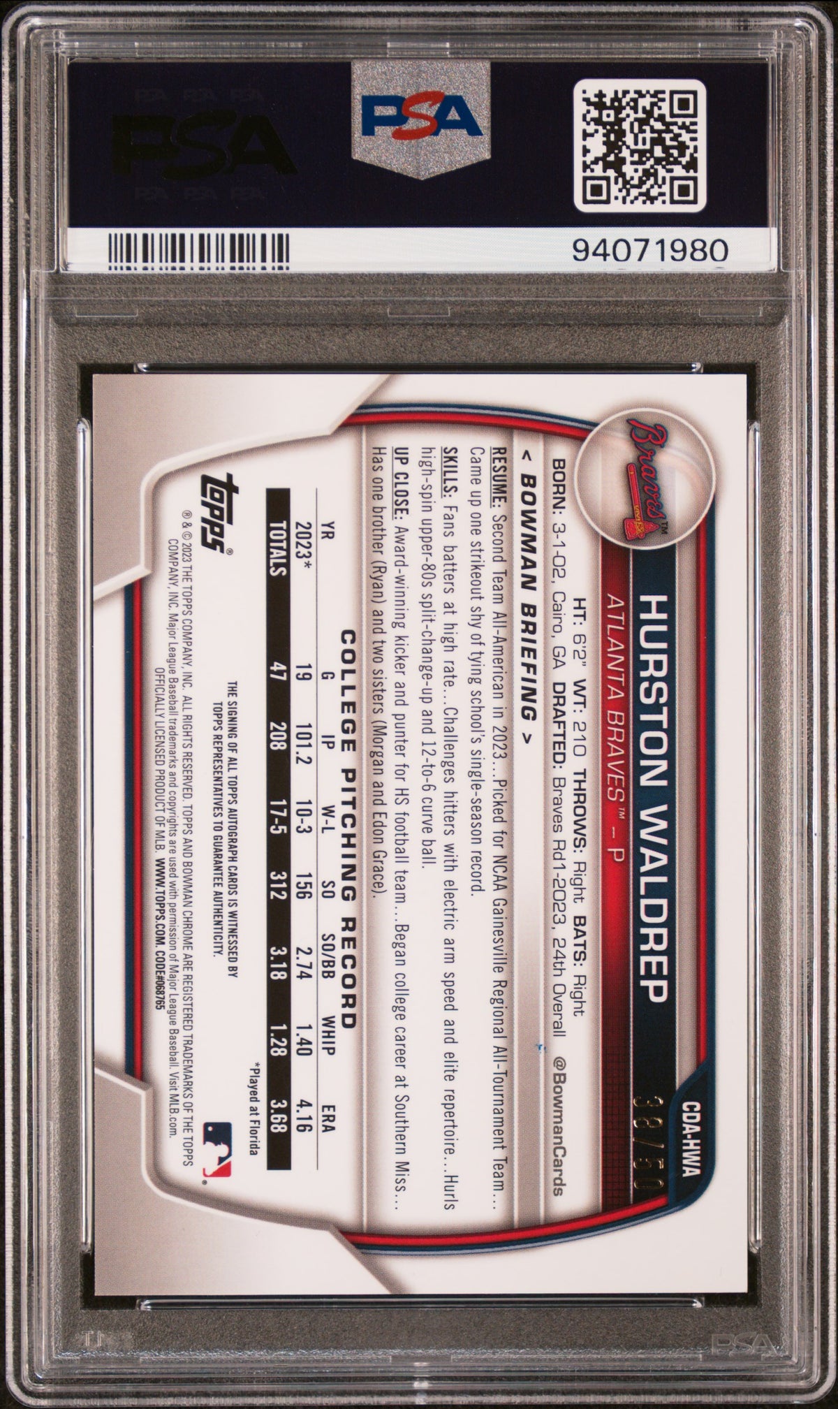 2023 Bowman Draft Chrome  Auto Hurston Waldrep Gold Refractor /50 PSA 10