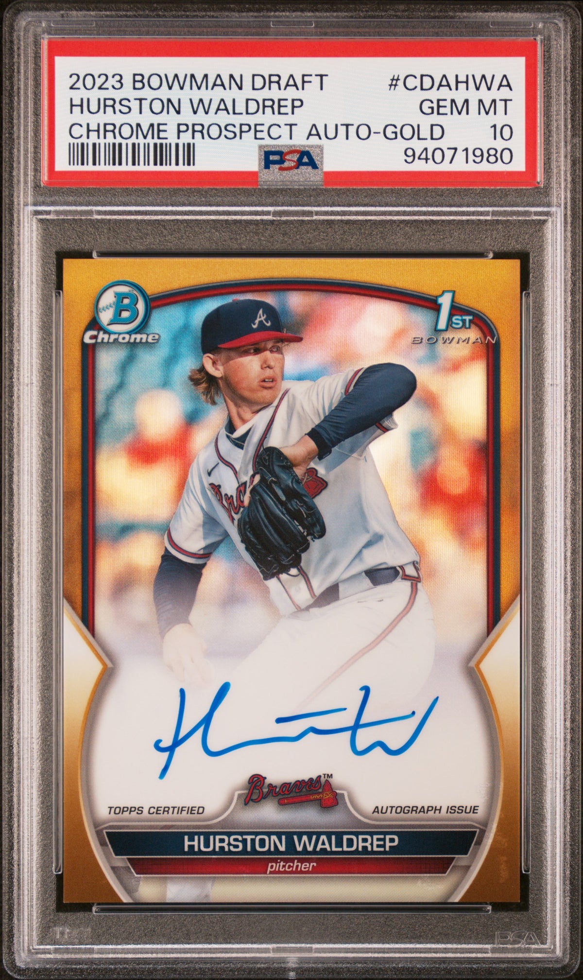 2023 Bowman Draft Chrome  Auto Hurston Waldrep Gold Refractor /50 PSA 10