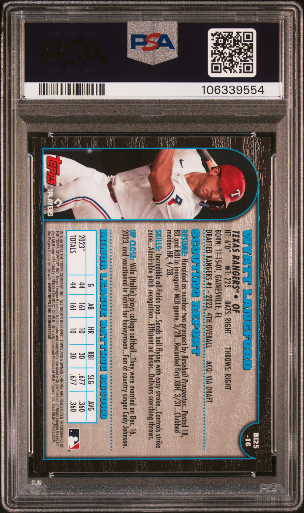2024 Bowman Chrome International Wyatt Langford PSA 8 #/100