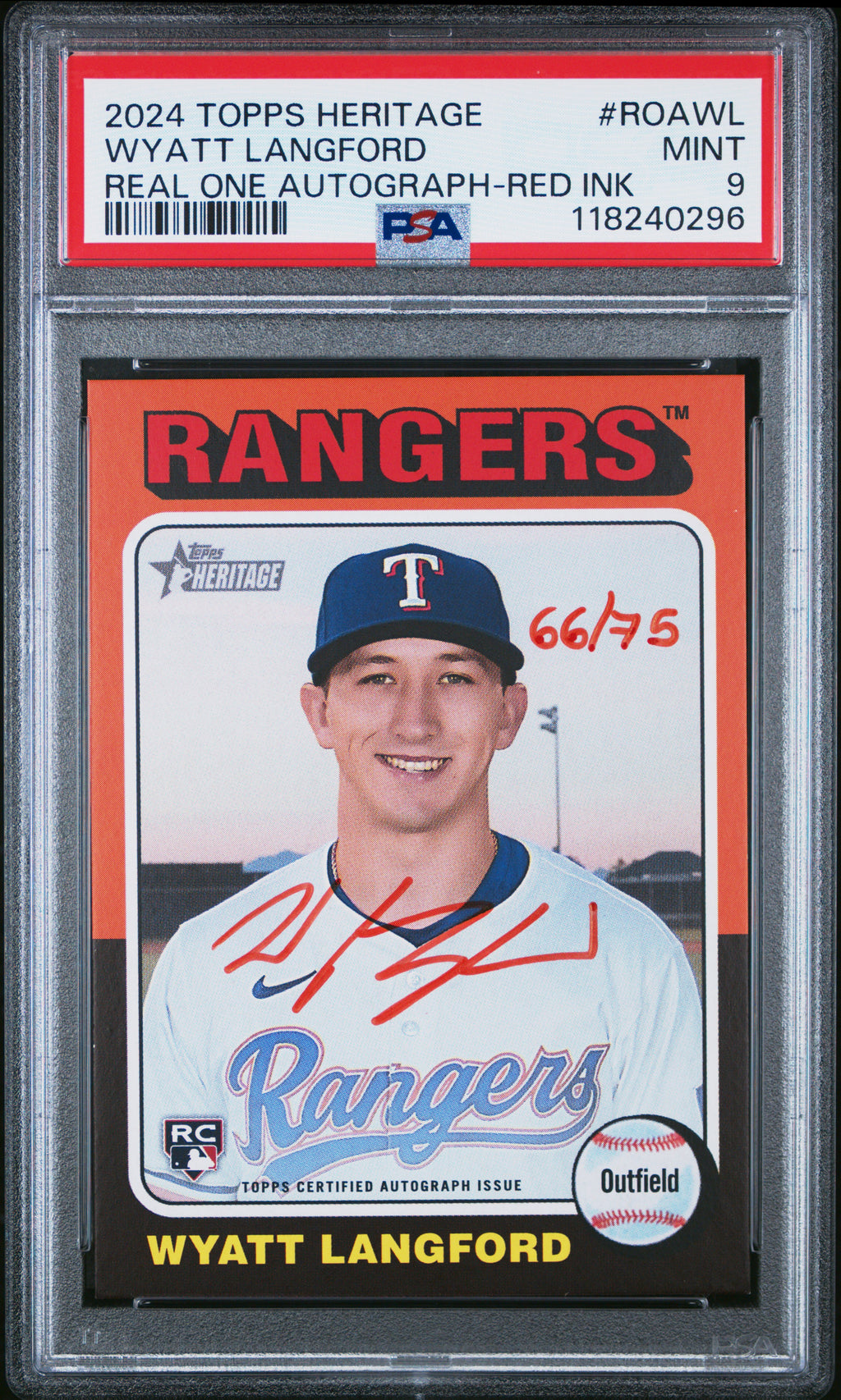 2024 Topps Heritage Real One Autographs #ROAWL Wyatt Langford #75 Red Ink PSA 9