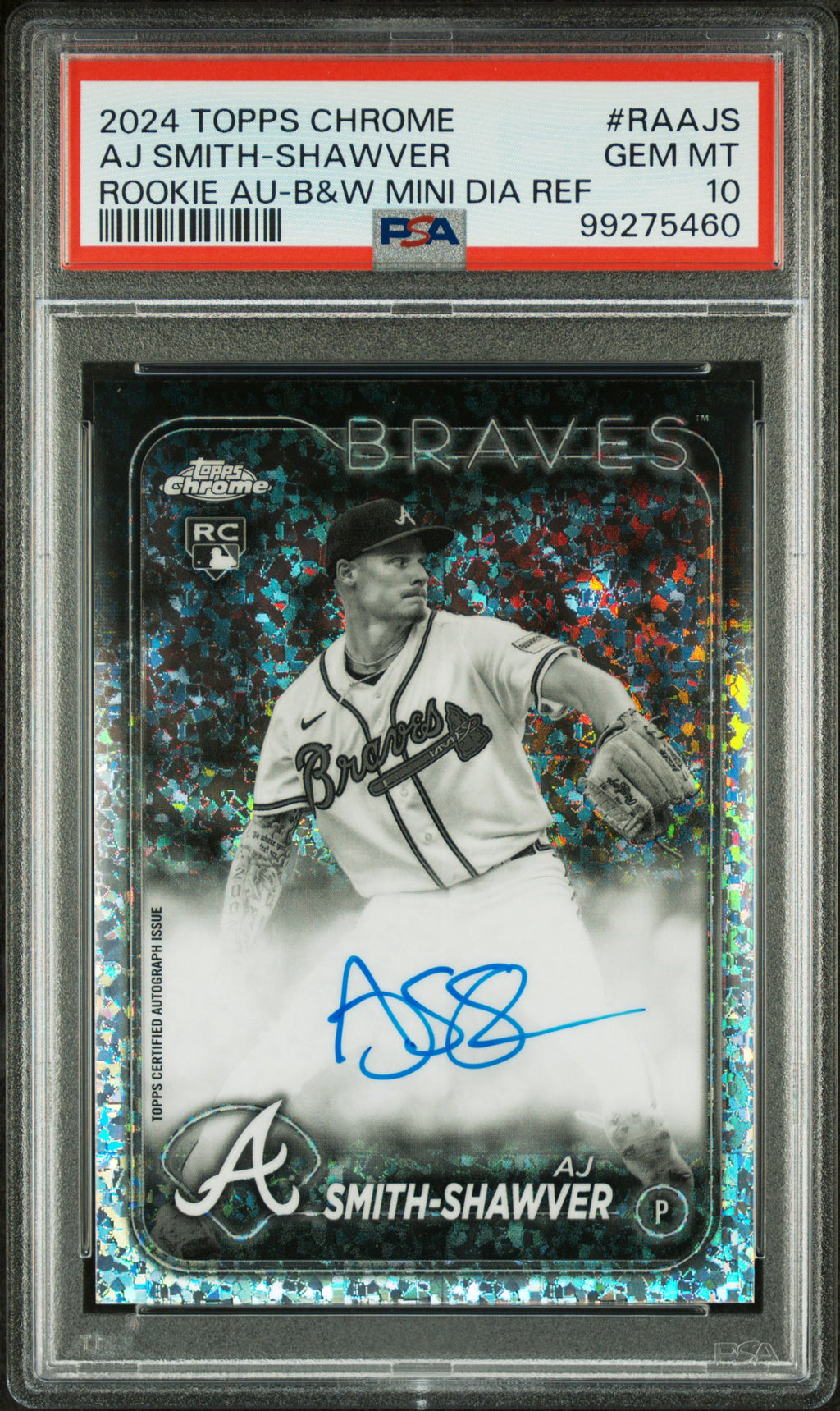 2024 Topps Chrome RC Auto Aj Smith-Shawver Black & White Mini Diamond PSA 10