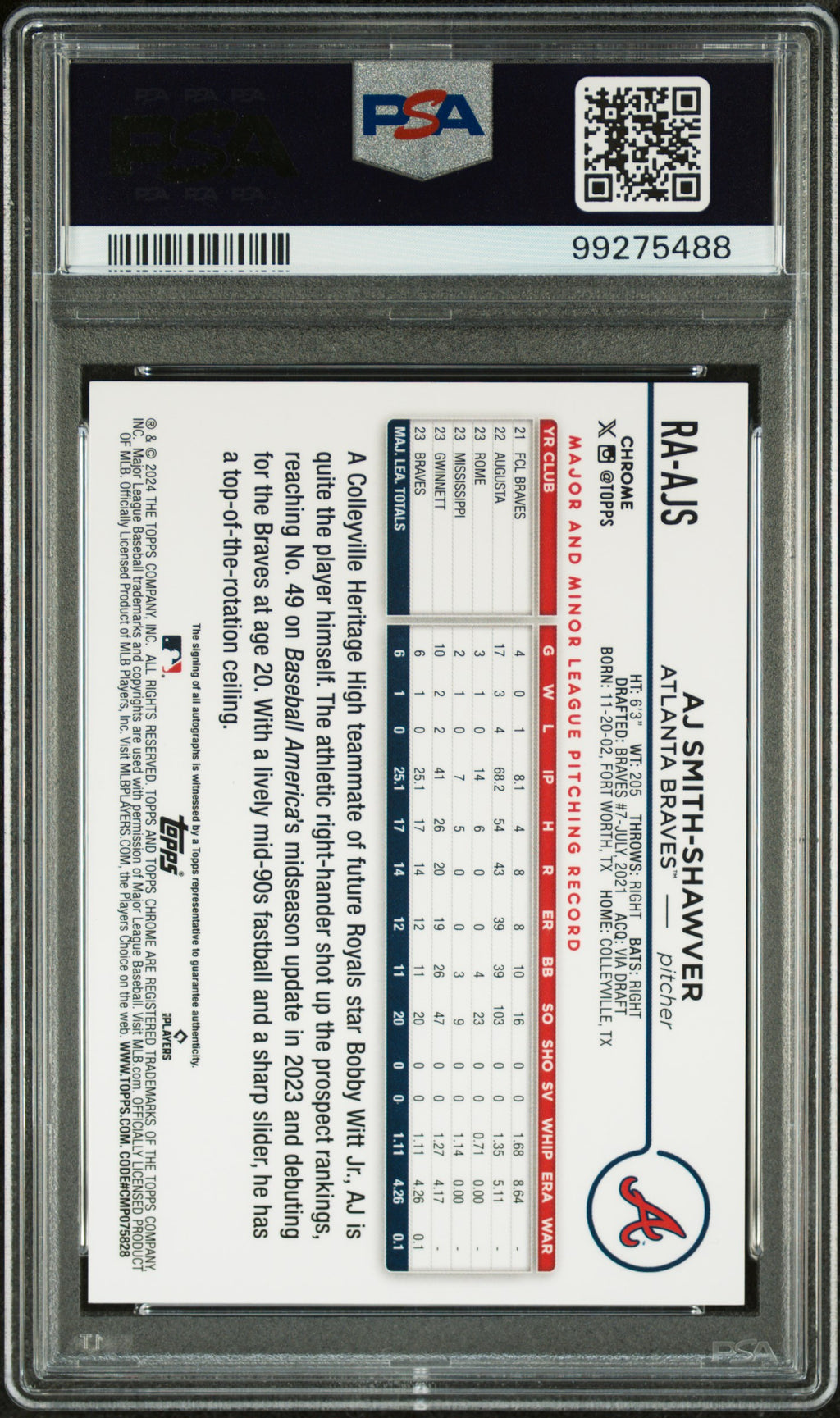 2024 Topps Chrome Rookie Auto Aj Smith-Shawver TRUE Blue Refractor PSA 10