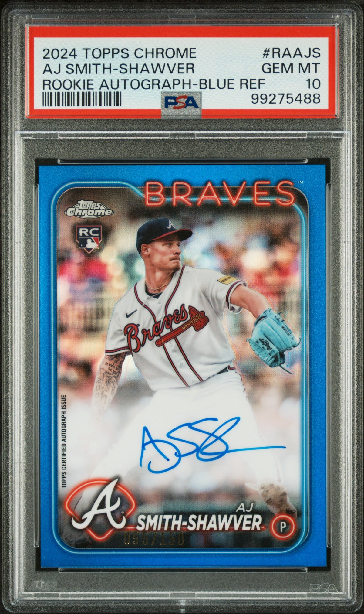 2024 Topps Chrome Rookie Auto Aj Smith-Shawver TRUE Blue Refractor PSA 10