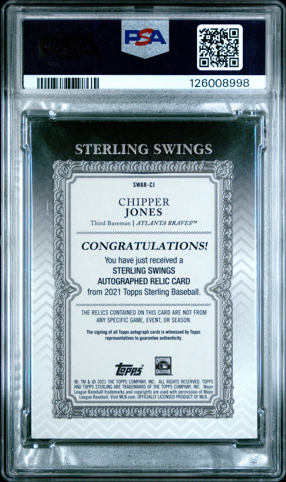 2021 Topps Sterling Swings Auto Relics #CJ Chipper Jones Swings Red PSA 7 /5