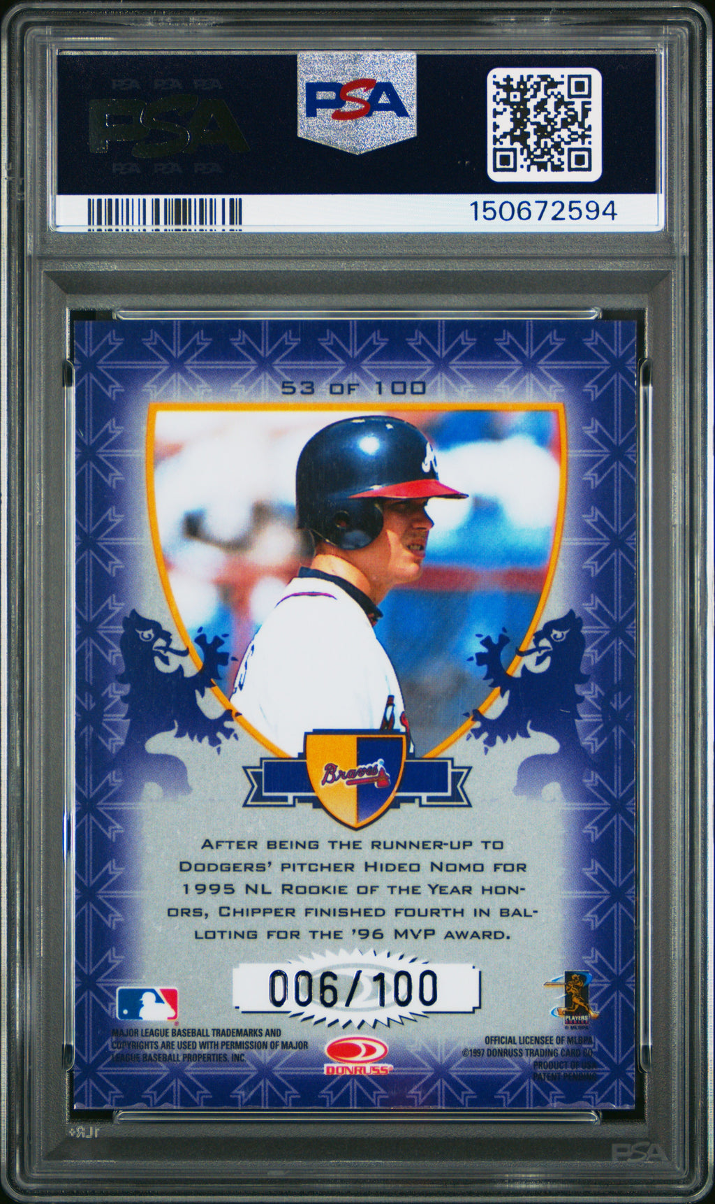 1998 Donruss Crusade #53 Chipper Jones Purple PSA 7 # /100
