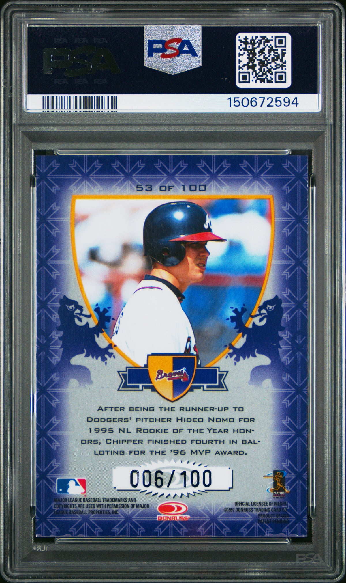 1998 Donruss Crusade #53 Chipper Jones Purple PSA 7 # /100