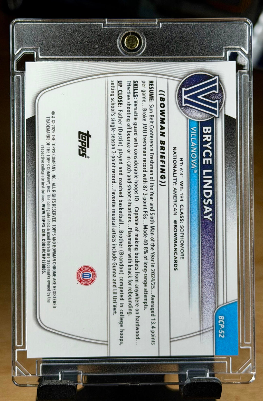 2025-26 Bowman #BCP-52 Bryce Lindsay Chrome Gold Geometric Refractor #/50