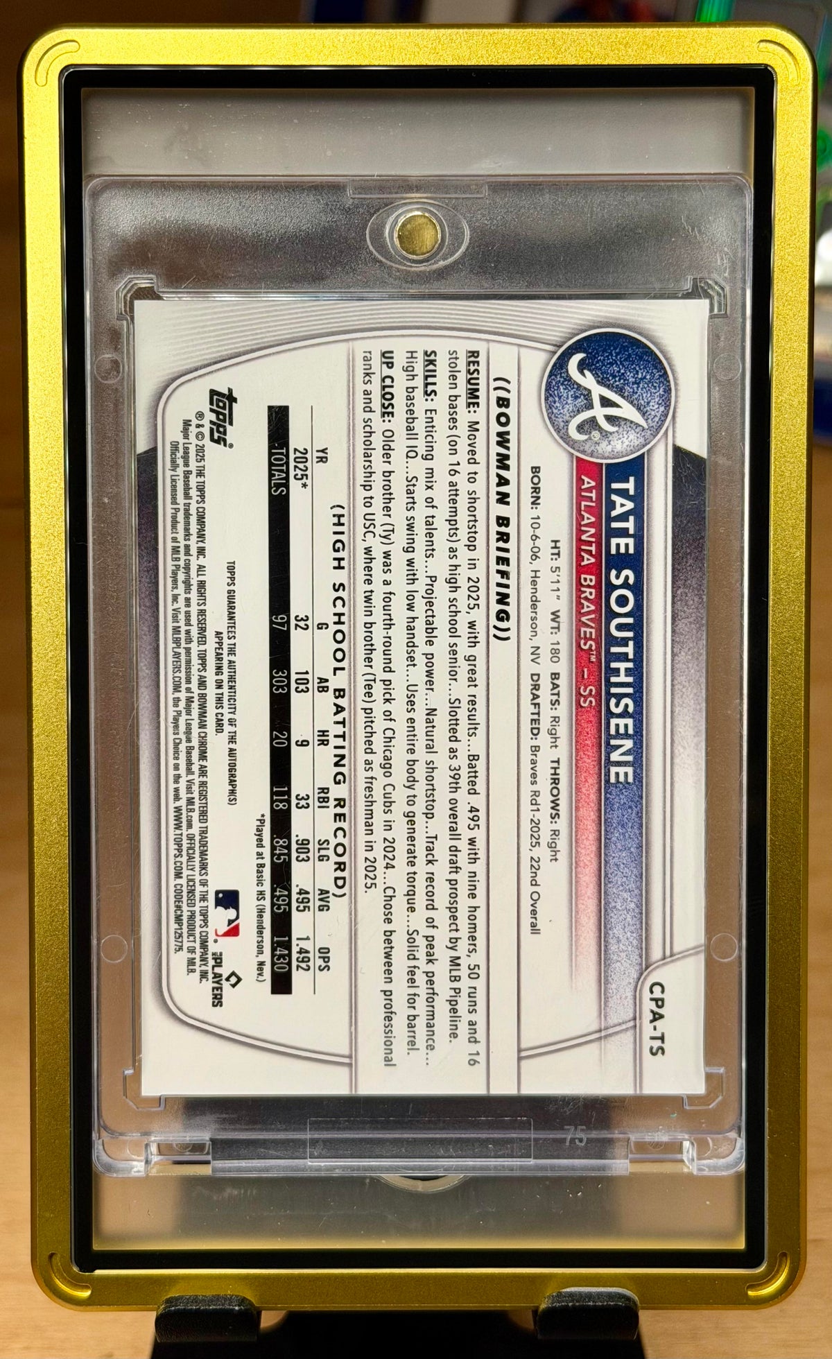 2025 Bowman Draft #CPA-TS Tate Southisene Auto True Gold Refractor /50