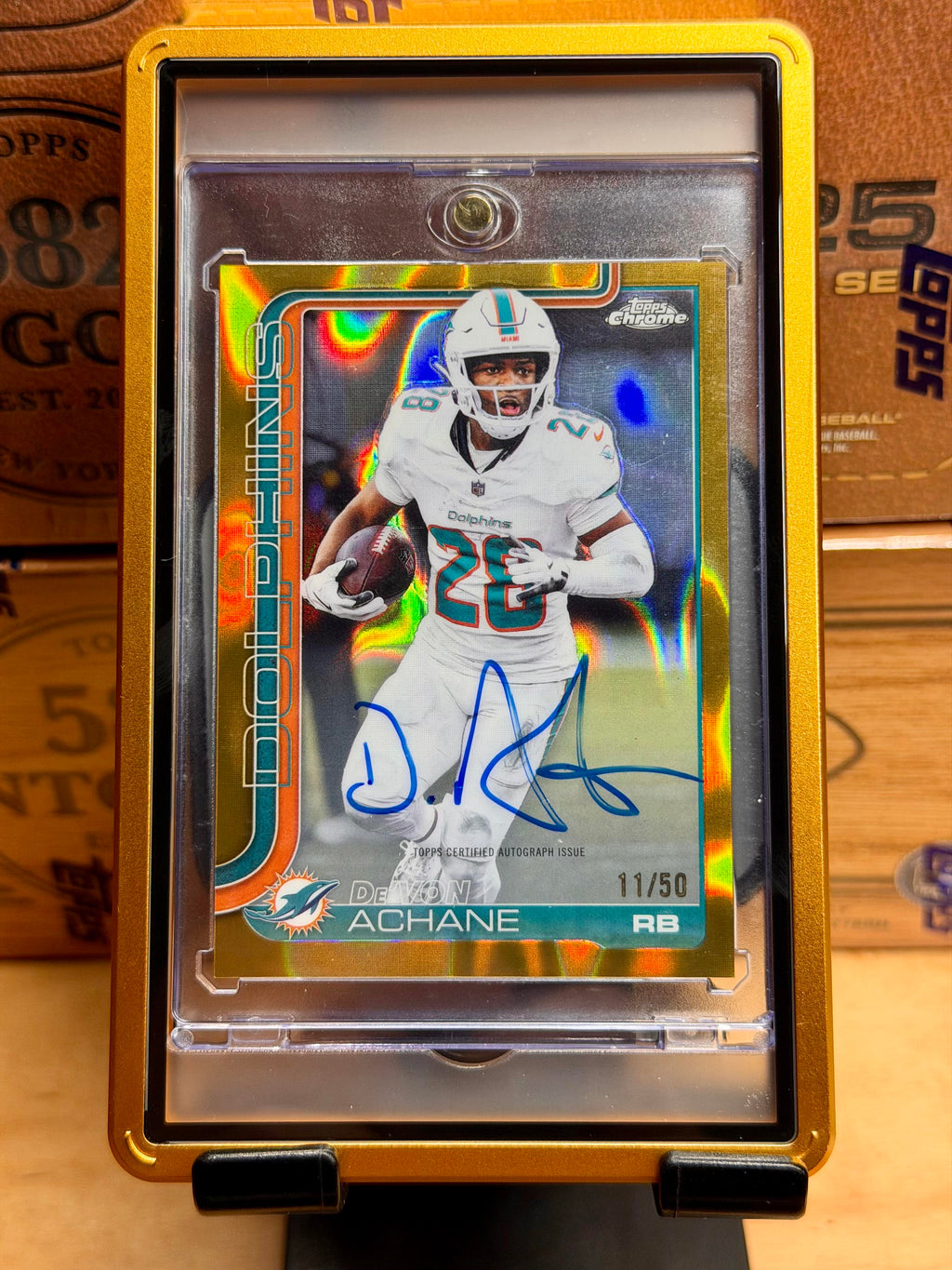 2025 Topps Chrome  De'Von Achane Chrome Autographs Gold Lava Refractor #/50