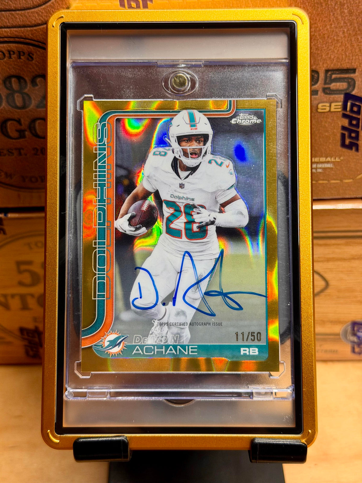 2025 Topps Chrome  De'Von Achane Chrome Autographs Gold Lava Refractor #/50