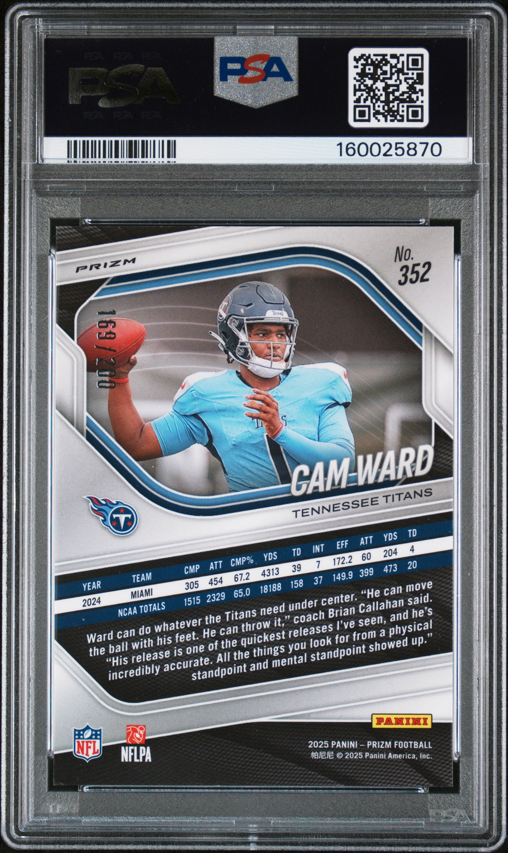 2025 Panini Prizm #352 Cam Ward Hyper Prizm PSA 10