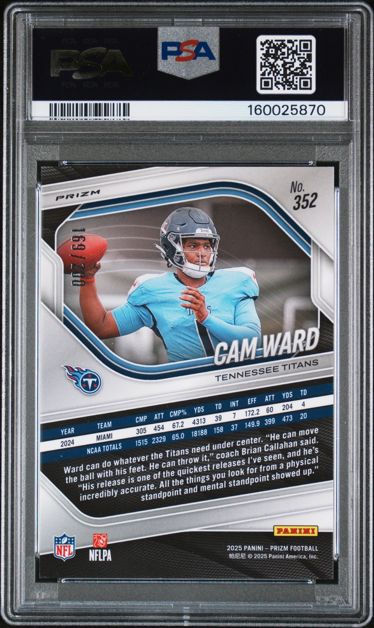 2025 Panini Prizm #352 Cam Ward Hyper Prizm PSA 10