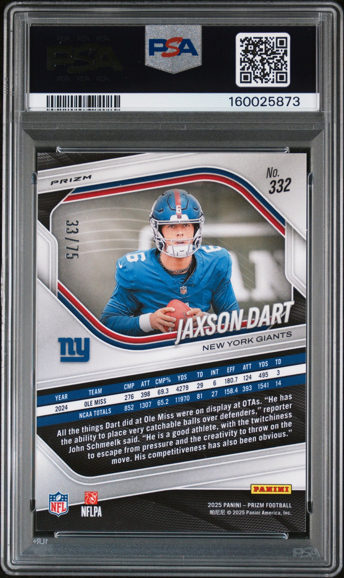 2025 Panini Prizm #332 Jaxson Dart No Huddle Purple # /75 PSA 10