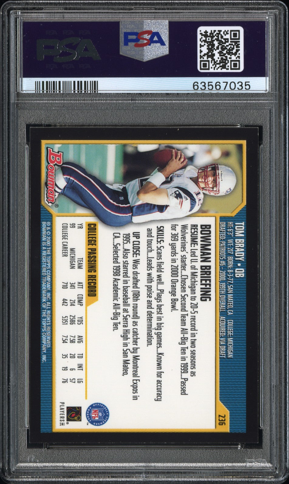 2000 Bowman #236 Tom Brady PSA 7