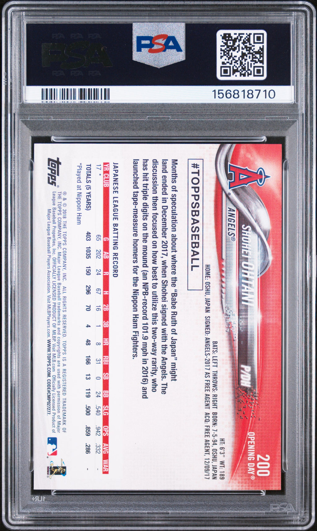 2018 Topps Opening Day #200 Shohei Ohtani PSA 9