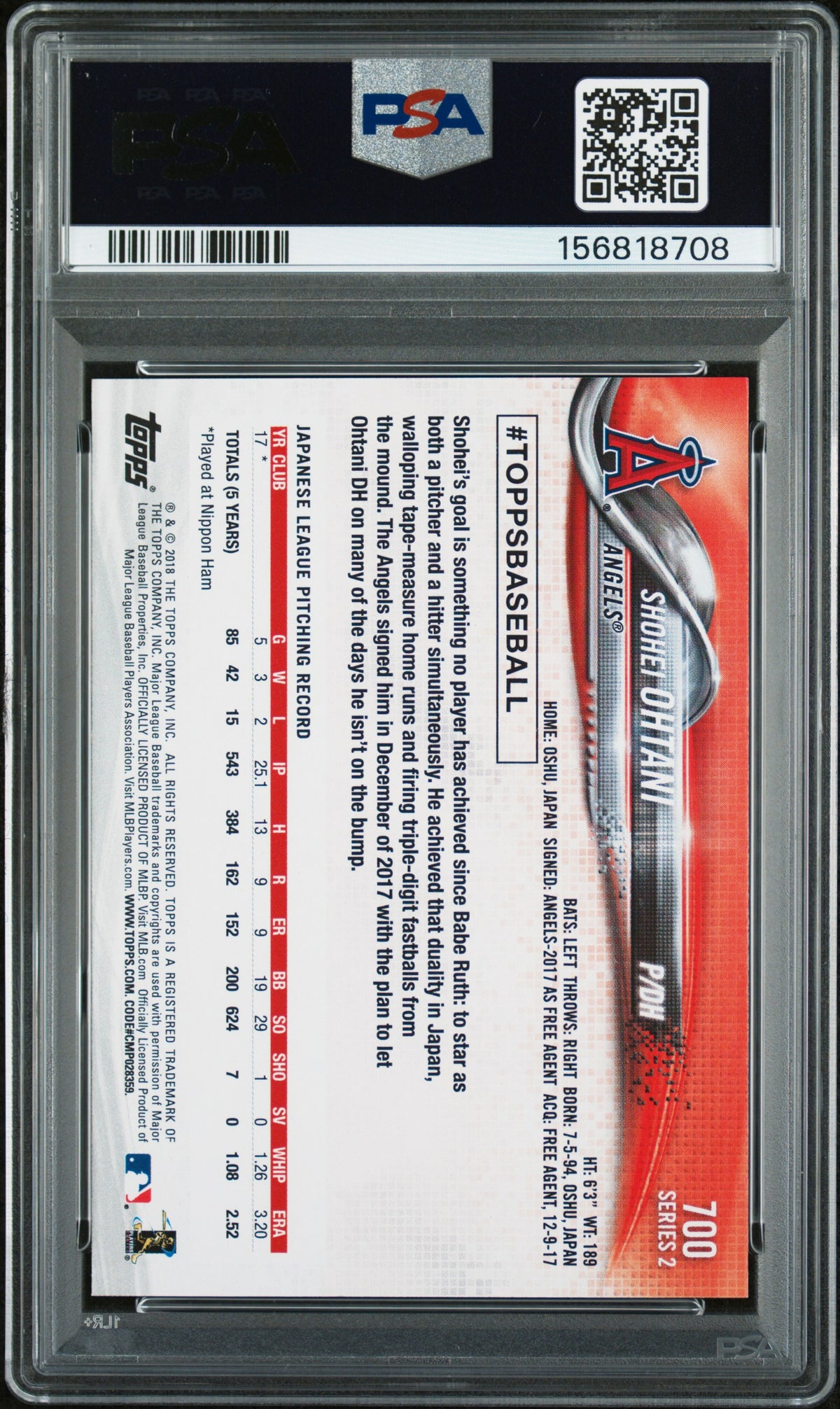 2018 Topps #700 Shohei Ohtani Pitching PSA 9