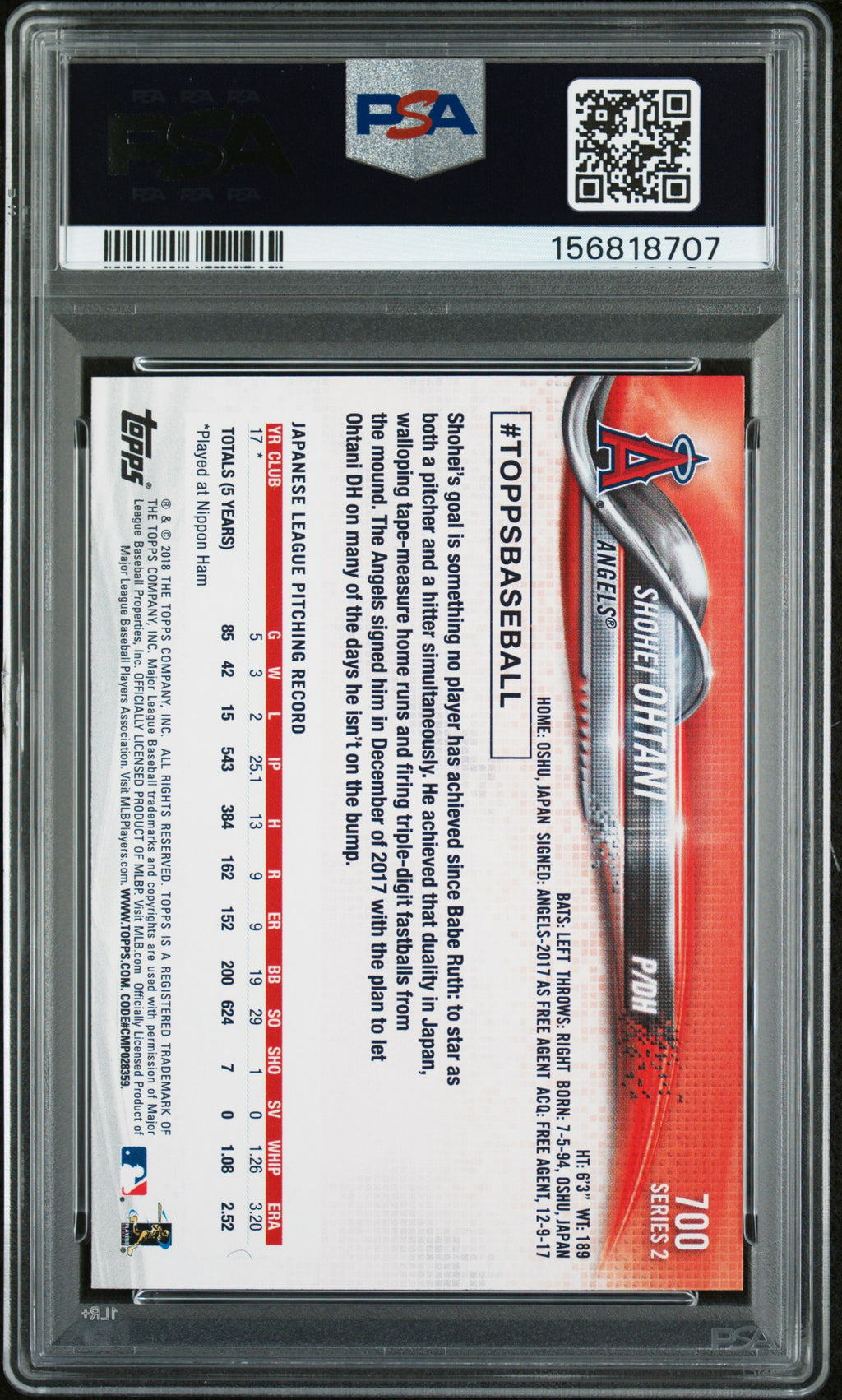2018 Topps #700 Shohei Ohtani Pitching PSA 9