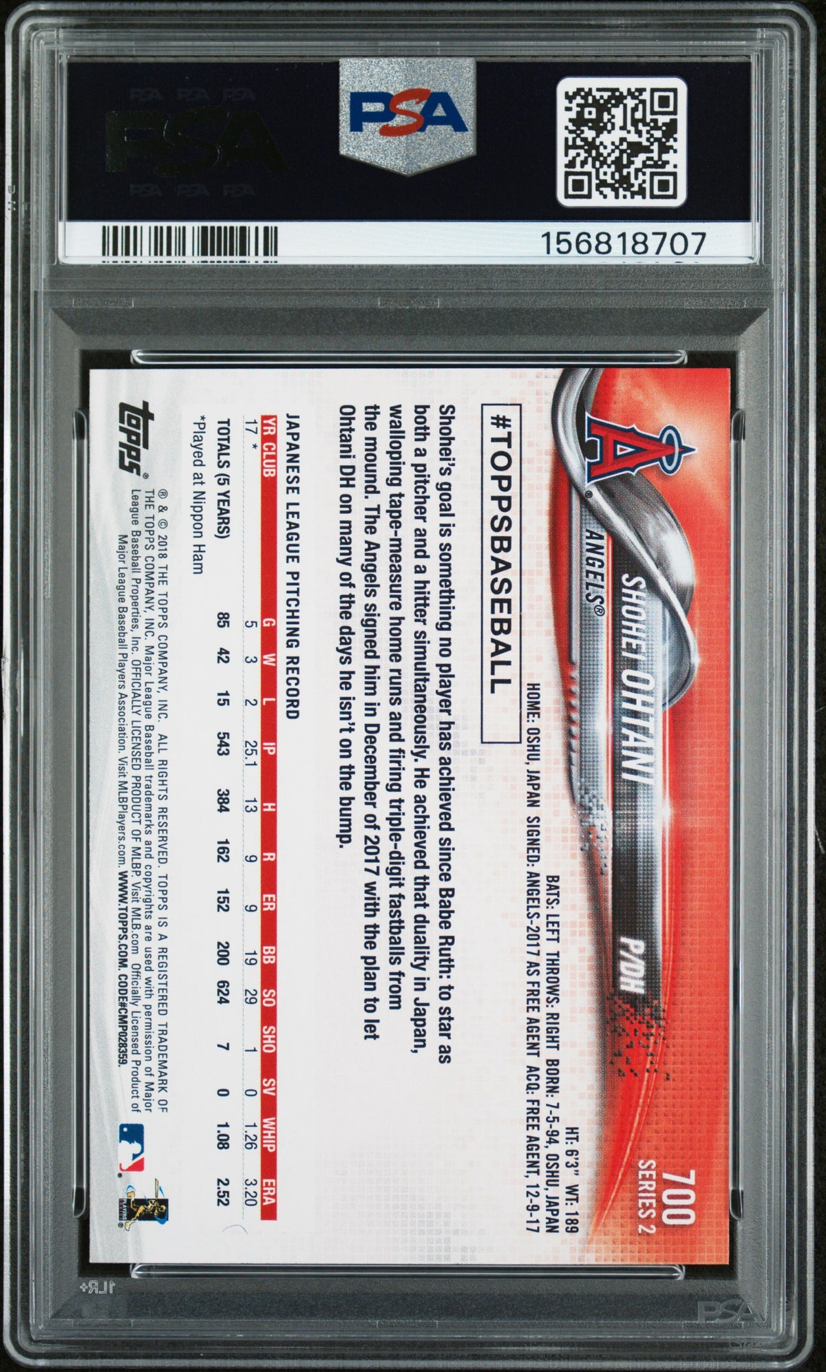 2018 Topps #700 Shohei Ohtani Pitching PSA 9