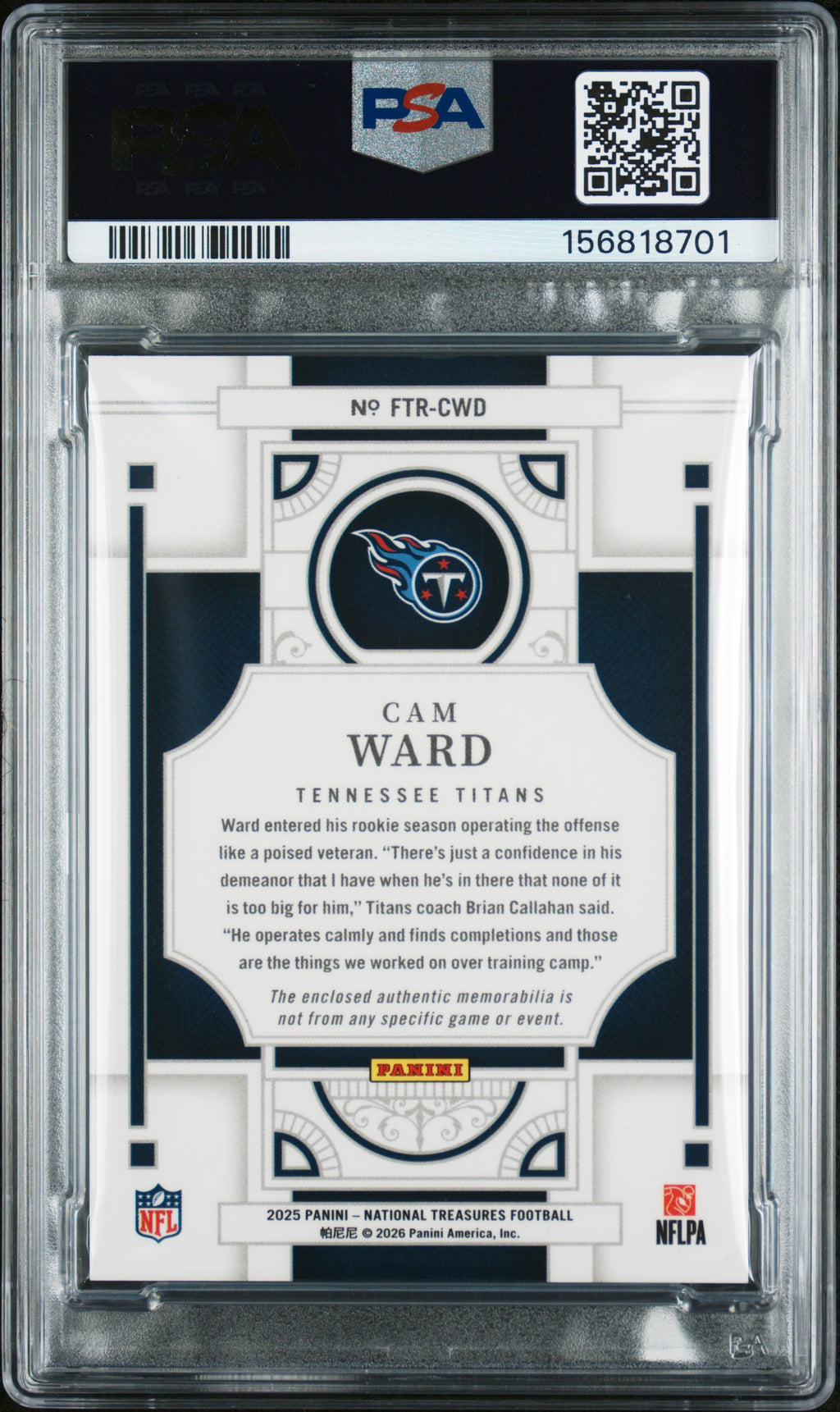 2025 Panini National Treasures Franchise Treasures Relic Cam Ward  Gold PSA 8