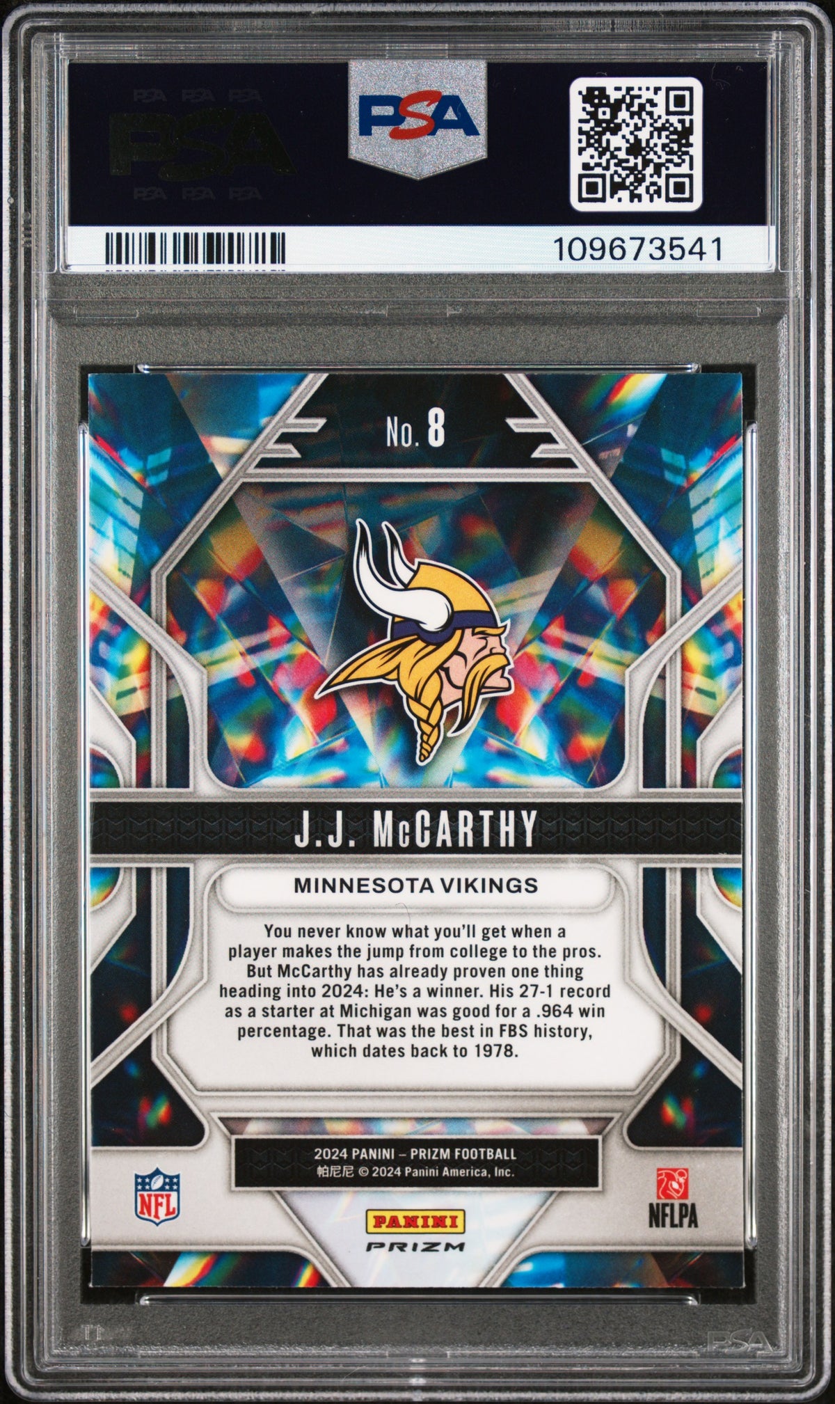 2024 Panini Prizm Prizmatic #8 Jj Mccarthy Prizmatic-Green Wave PSA 9
