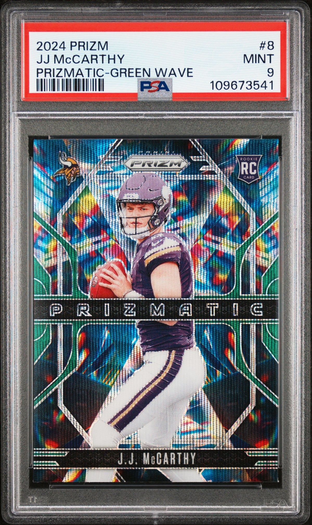 2024 Panini Prizm Prizmatic #8 Jj Mccarthy Prizmatic-Green Wave PSA 9