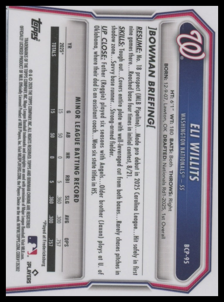 2026 Bowman #BCP-95 Eli Willits Chrome Prospects Reptilian Refractor