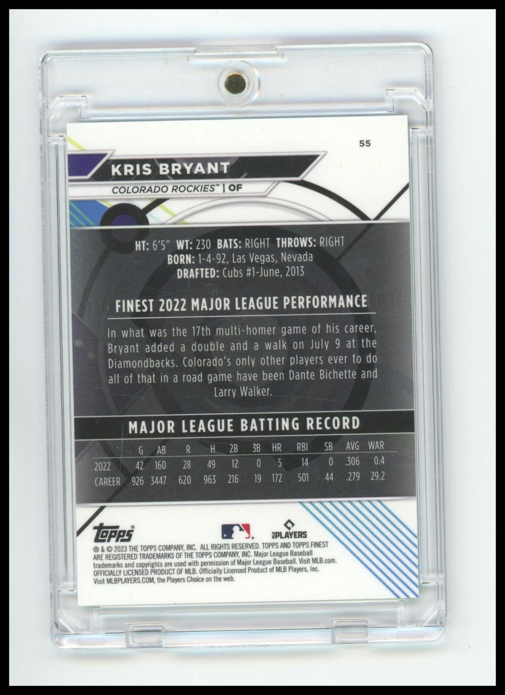 2023 Topps Finest #55 Kris Bryant Aqua Refractor