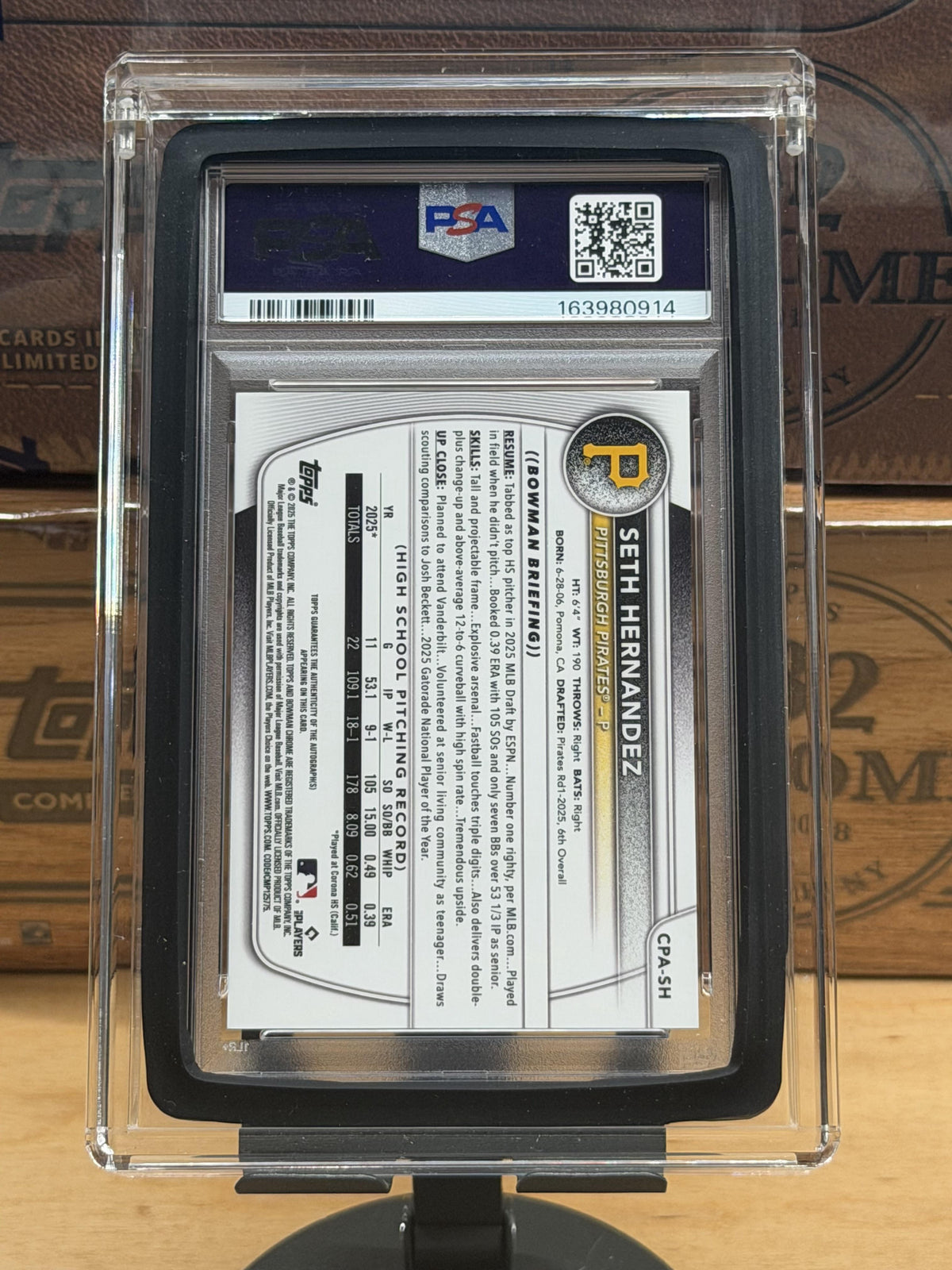 2025 Bowman Draft Chrome Prospect Autographs  Seth Hernandez Purple /250 PSA 10