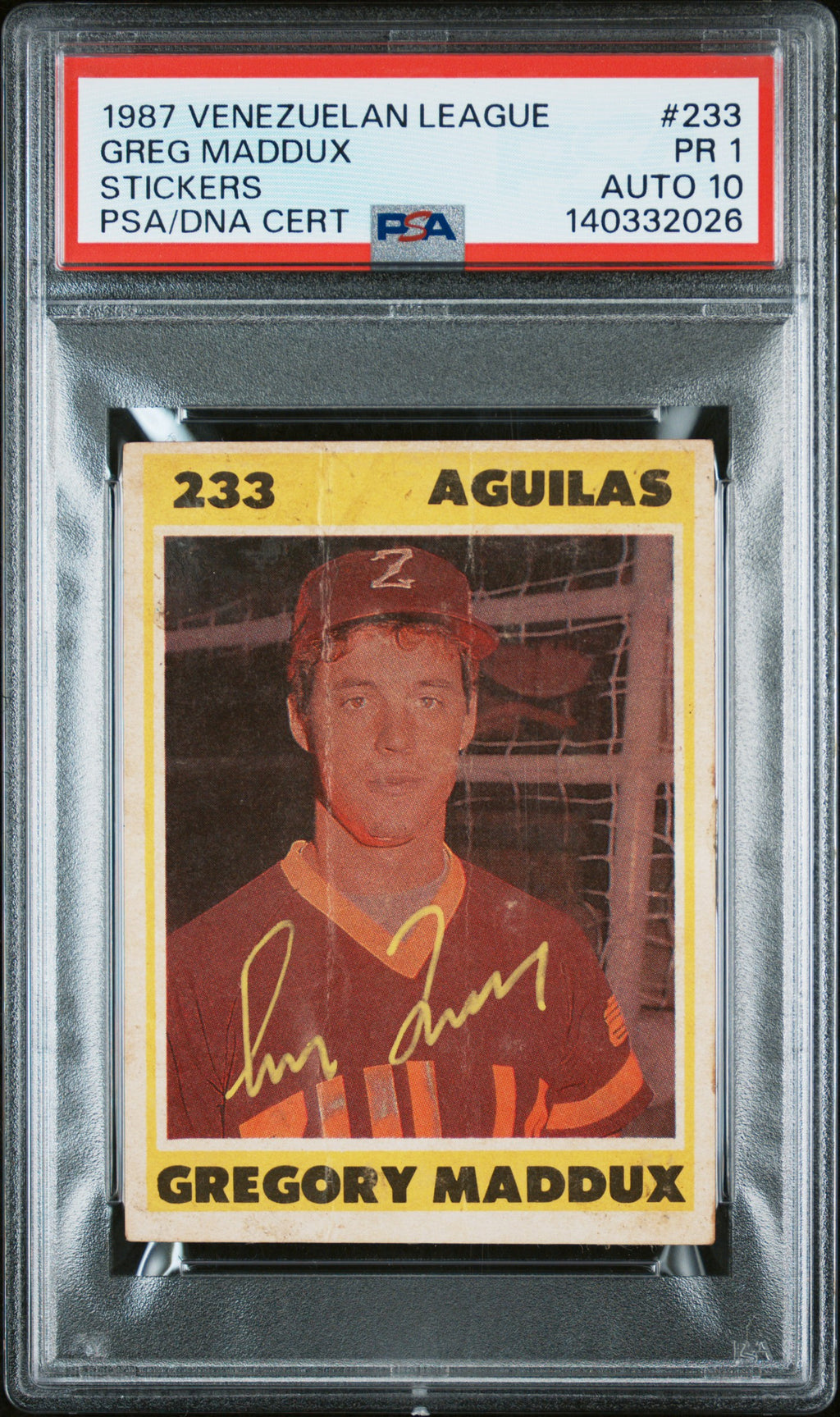 1987 Venezuelan League Stickers #233 Greg Maddux Stickers PSA 1 AUTO 10