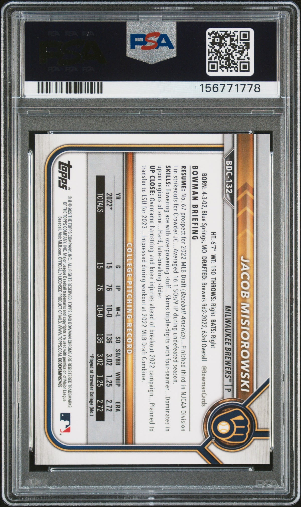 2022 Bowman Draft Chrome Sapphire 2 Jacob Misiorowski Yellow /75 PSA 10