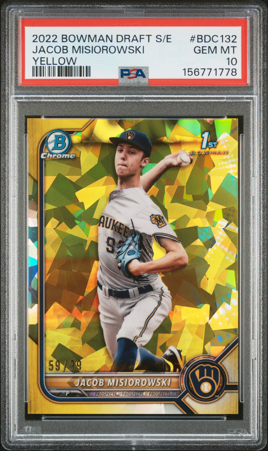 2022 Bowman Draft Chrome Sapphire 2 Jacob Misiorowski Yellow /75 PSA 10