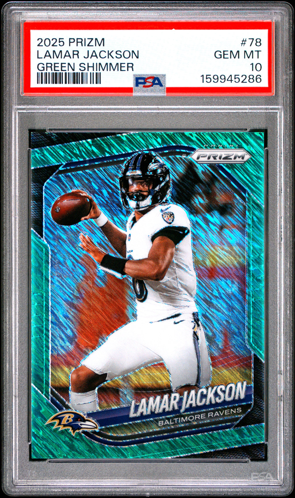 2025 Panini Prizm #78 Lamar Jackson Green Shimmer PSA 10