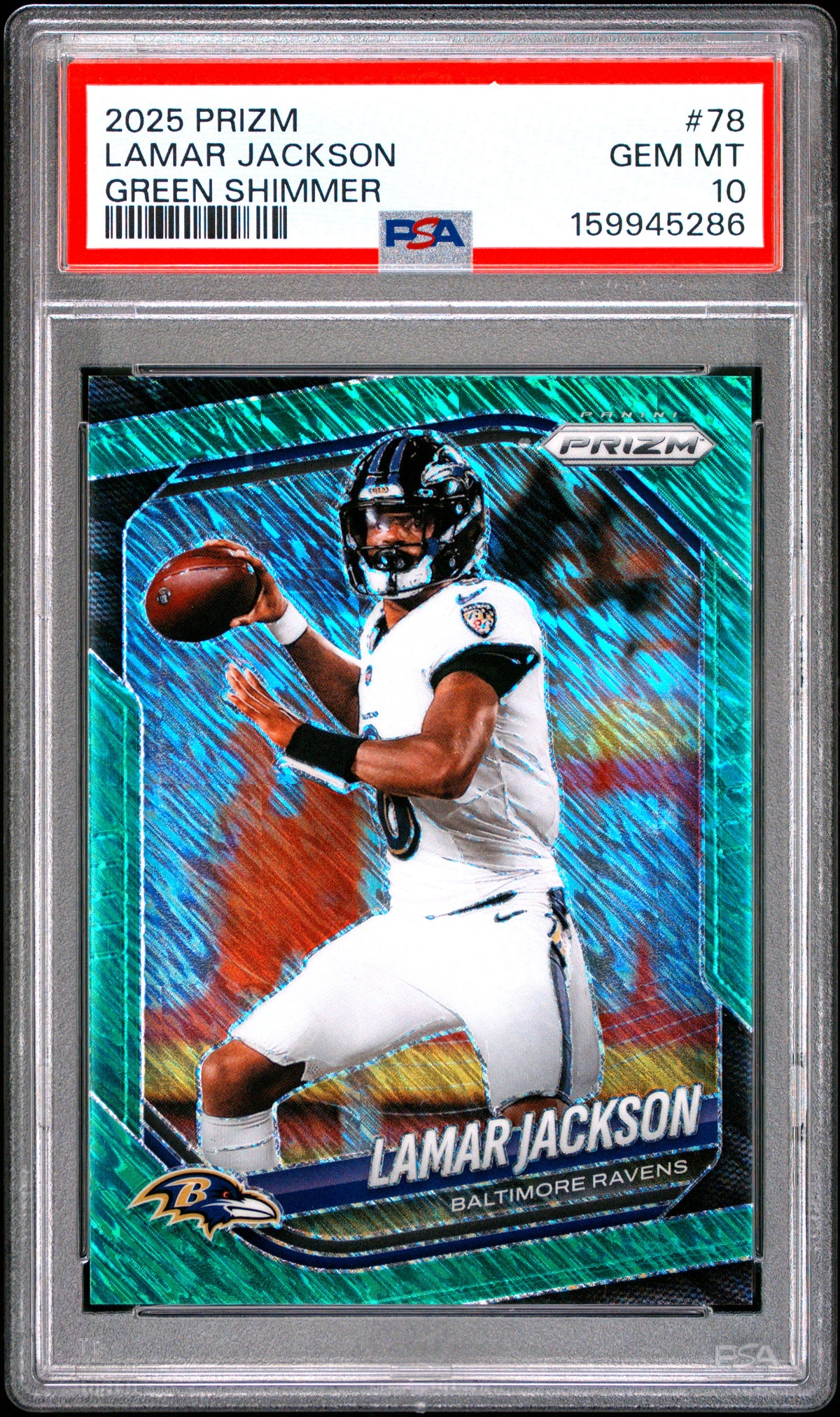 2025 Panini Prizm #78 Lamar Jackson Green Shimmer PSA 10