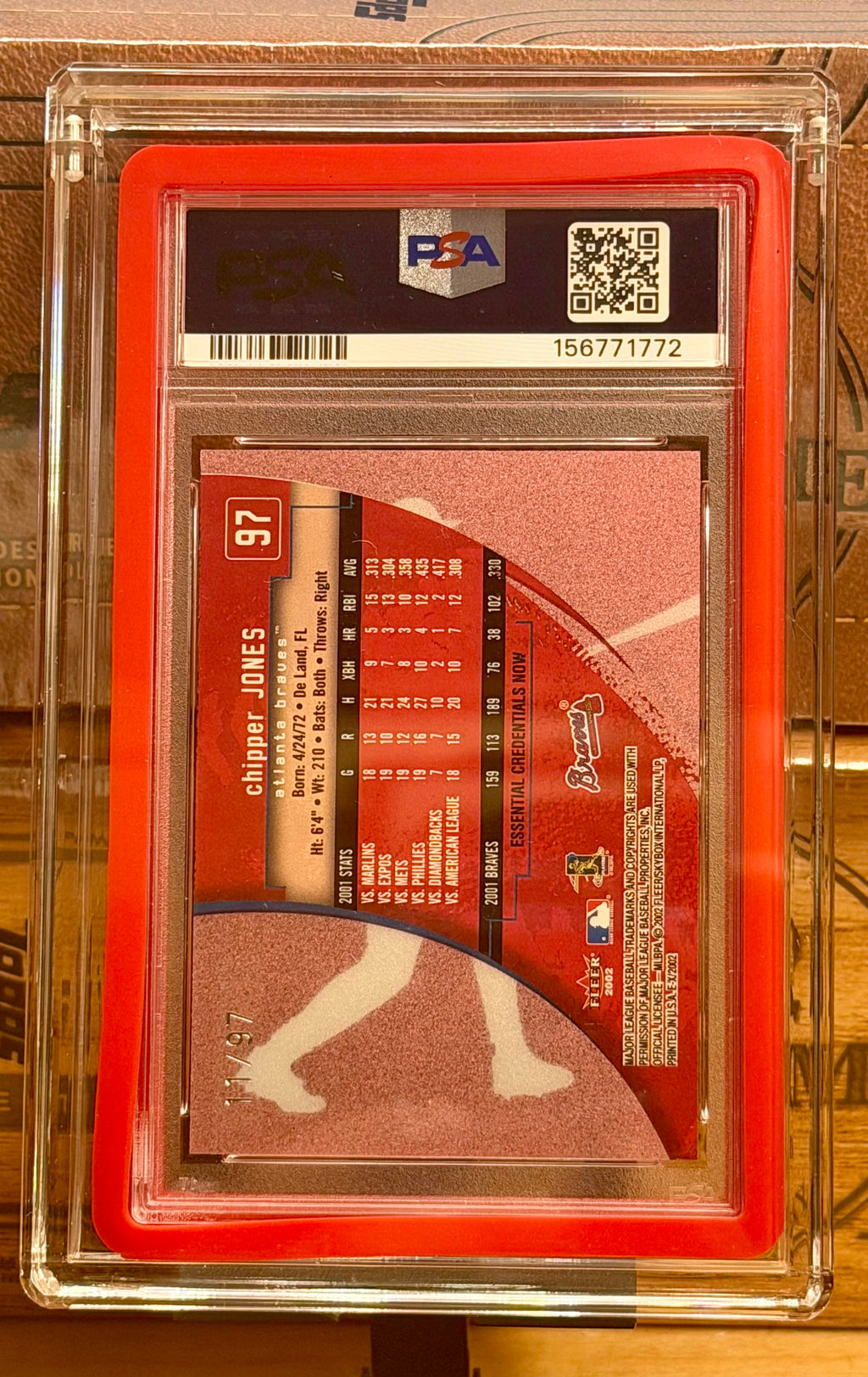 2002 Fleer E-X #97 Chipper Jones Essential Credentials Now PSA 9 # /97 + CASE