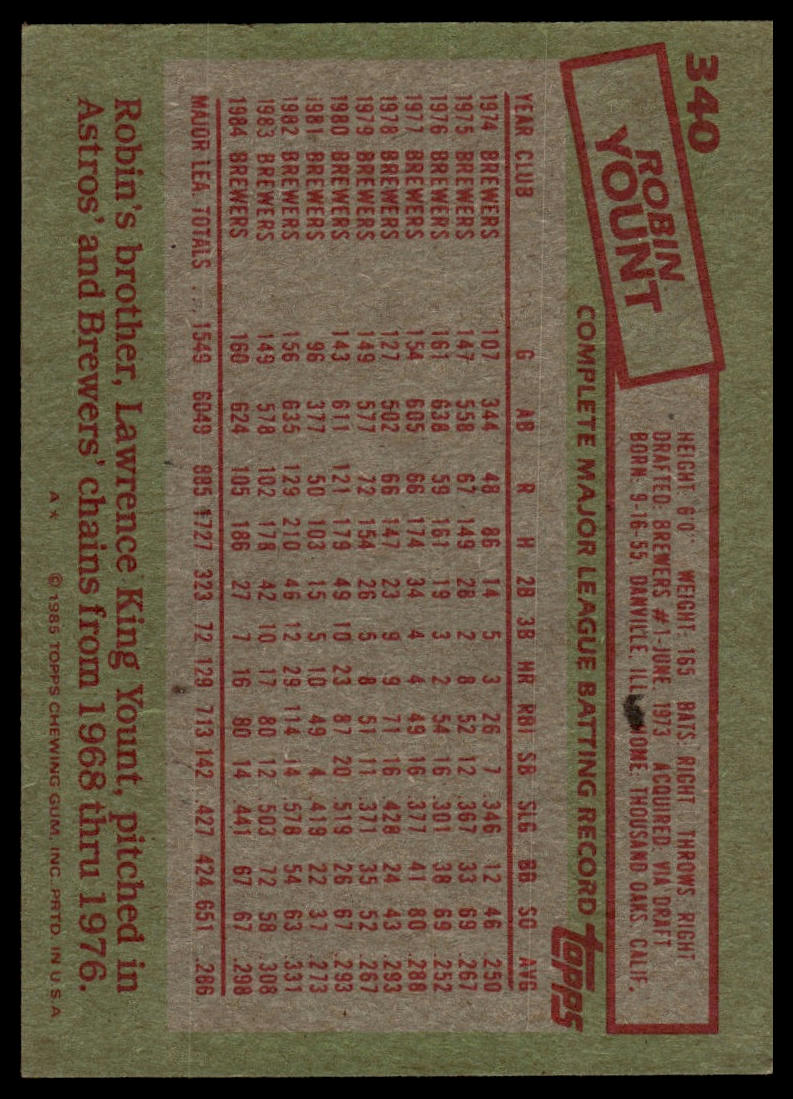 1985 Topps #340 Robin Yount