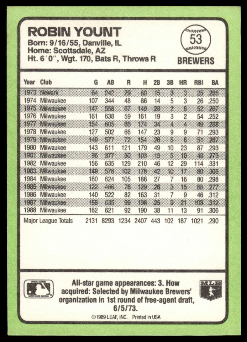 1989 Donruss Baseball's Best #53 Robin Yount