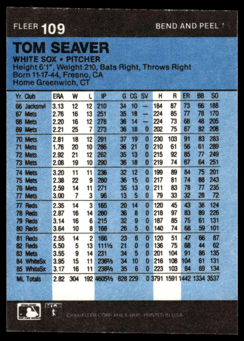 1986 Fleer Star Stickers #109 Tom Seaver