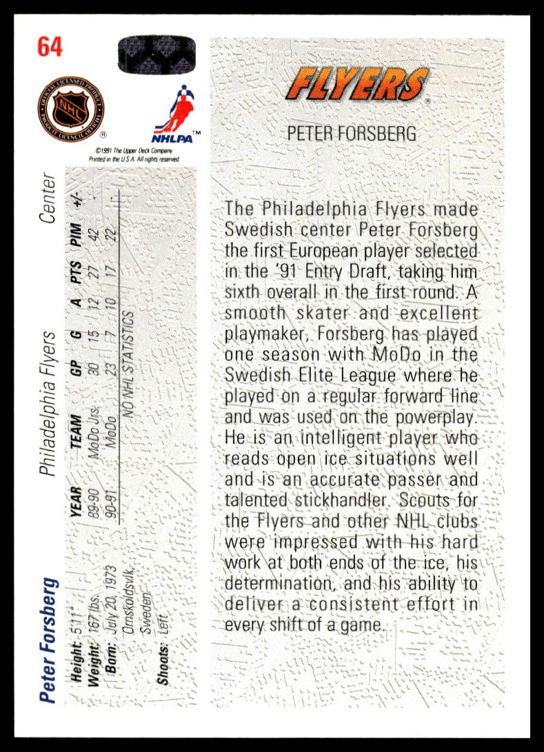1991-92 Upper Deck #64b Peter Forsberg