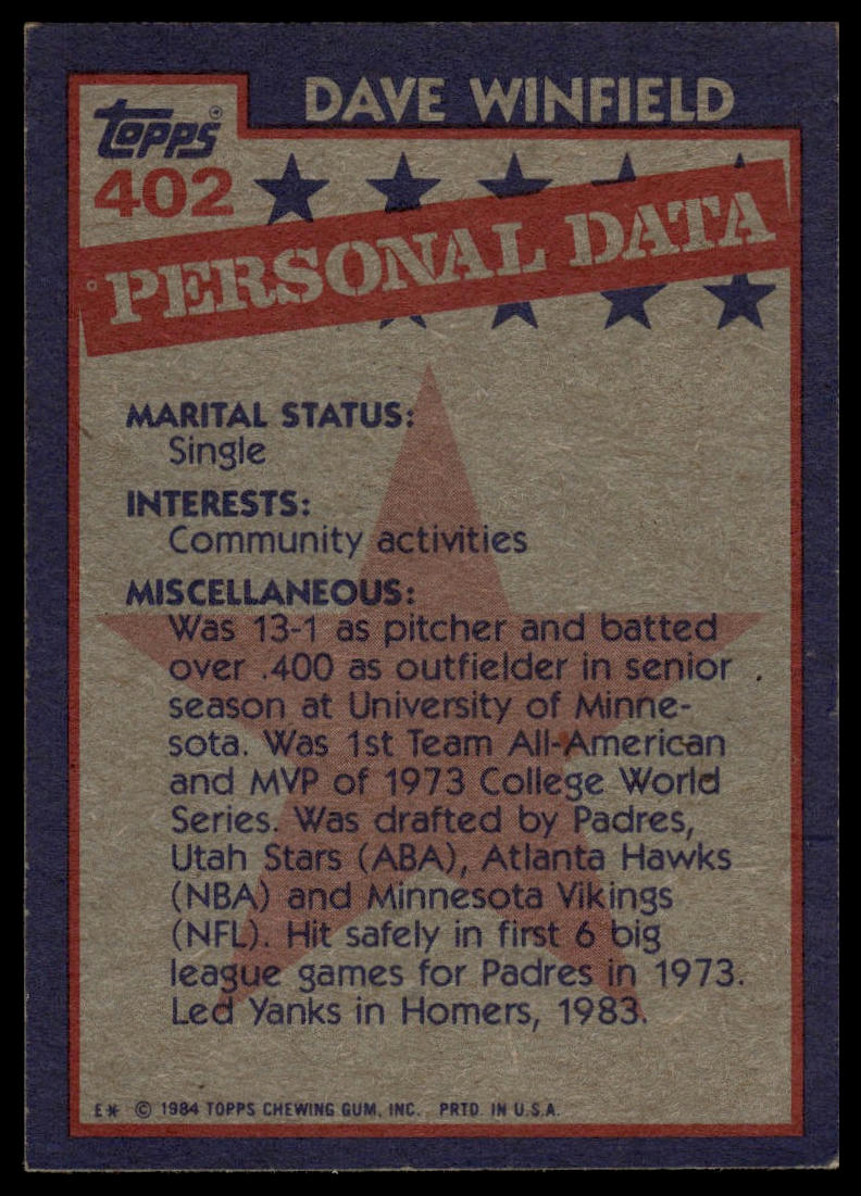 1984 Topps #402 Dave Winfield