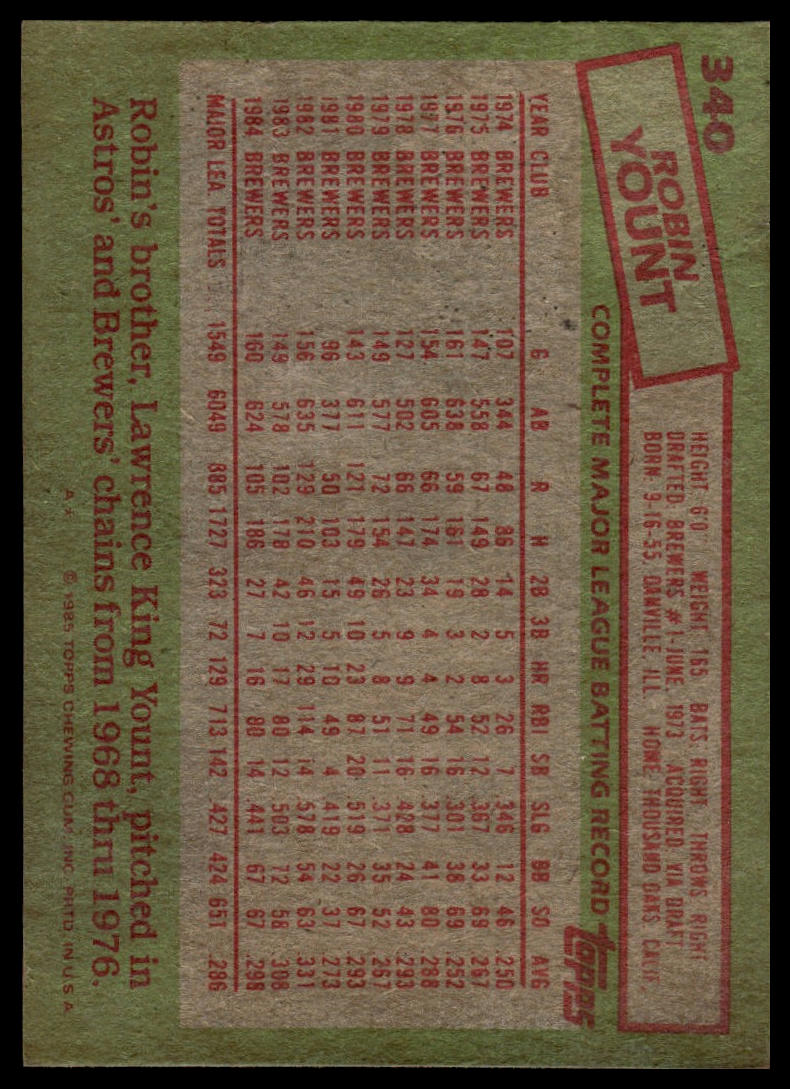 1985 Topps #340 Robin Yount