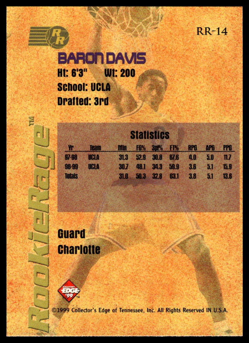 1999 Collector's Edge Rookie Rage #RR-14 Baron Davis Gold Ingot
