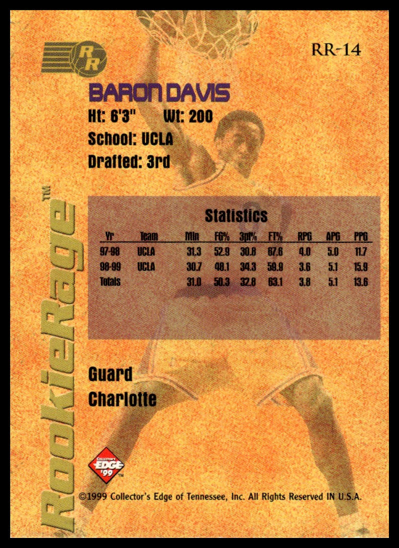 1999 Collector's Edge Rookie Rage #RR-14 Baron Davis Gold Ingot