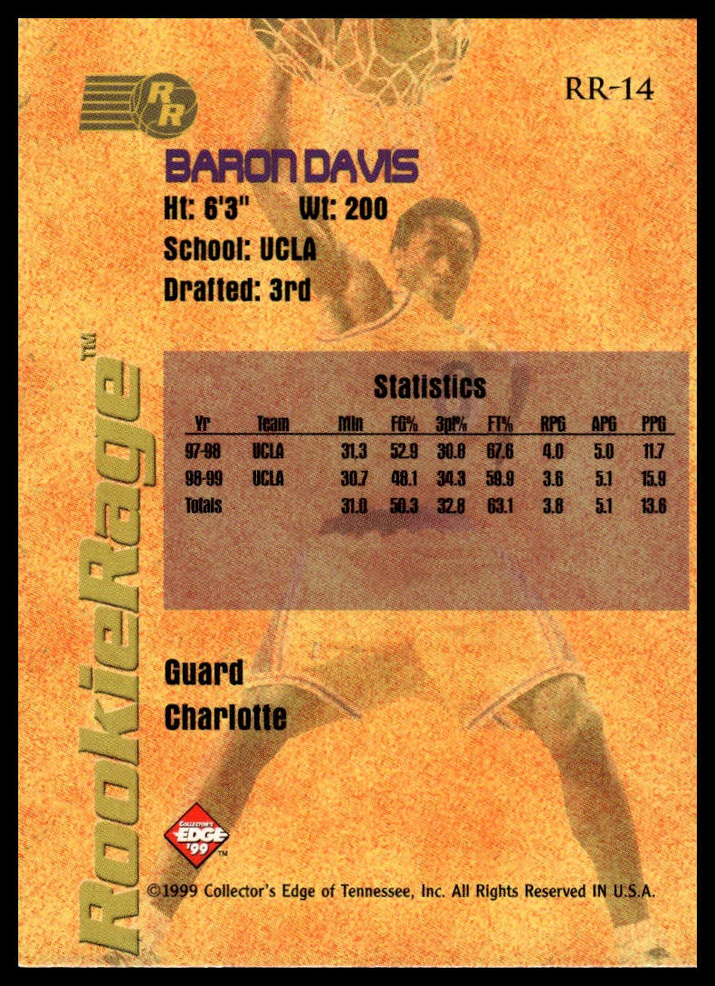 1999 Collector's Edge Rookie Rage #RR-14 Baron Davis Gold Ingot