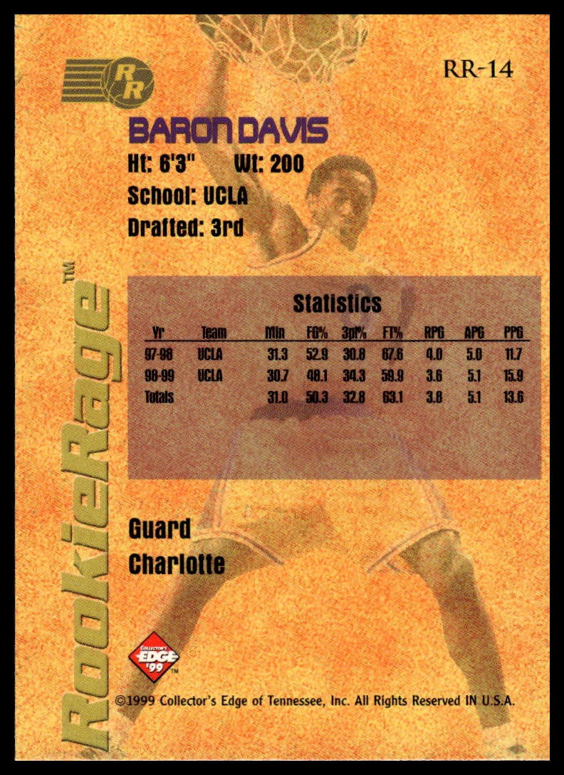 1999 Collector's Edge Rookie Rage #RR-14 Baron Davis Gold Ingot